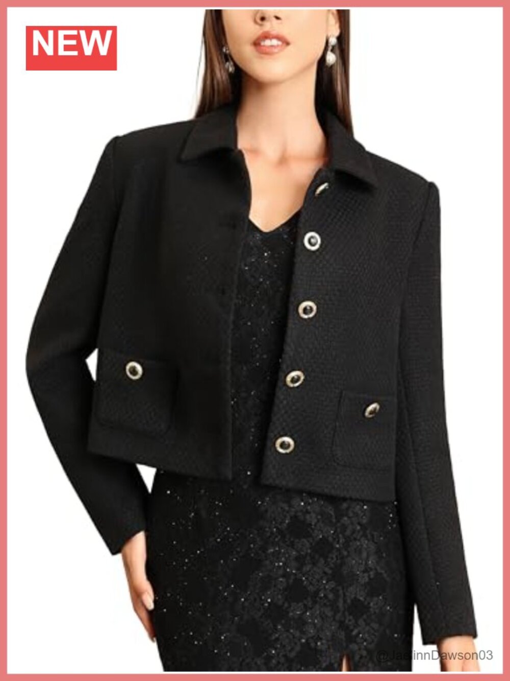 Tweed Crop Jacket Turn Down Collar Pockets Long Sleeve Shacket